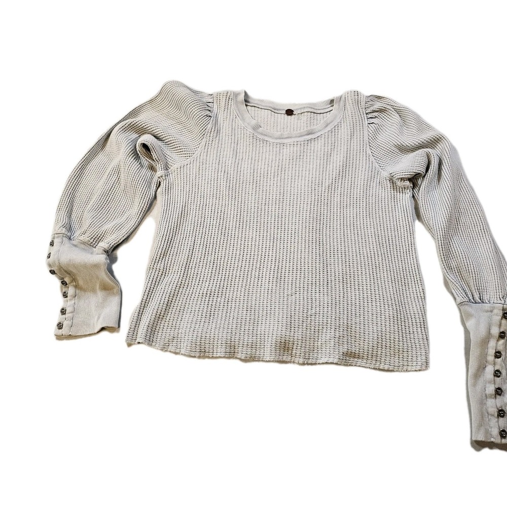 Free People One Wesley Thermal Blouse Blue Moon Puff Sleeve Medium 1-01154